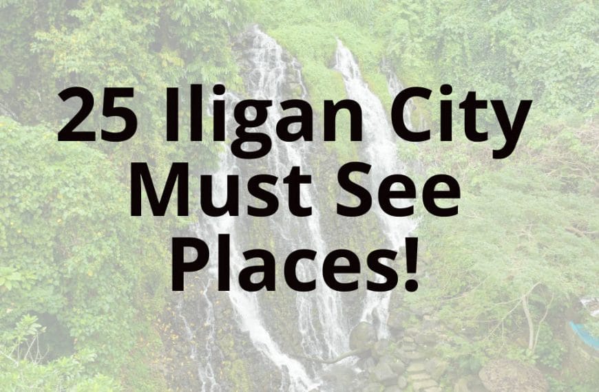 Text 25 Must-See Places in Iligan City! over a lush waterfall background.