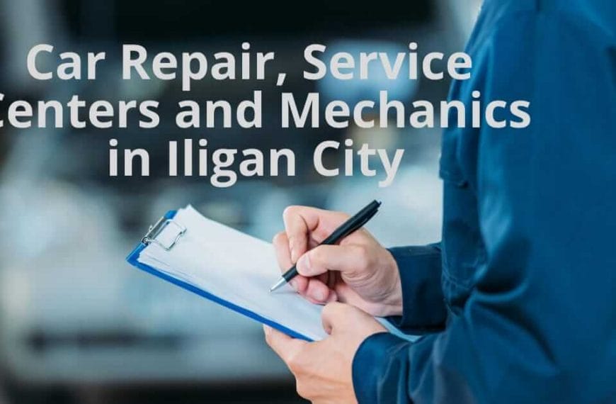 Taong nakauniporme na asul na nakasulat sa clipboard na may tekstong Car Repair and Service Centers sa Iligan City.