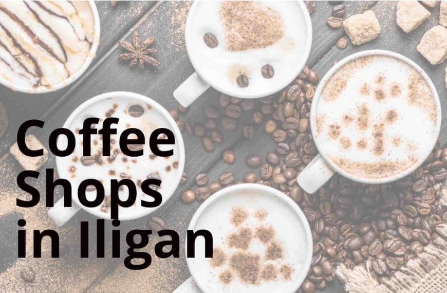 Top view of five mugs with latte art surrounded by coffee beans and sugar cubes, text reads Coffee Shops in Iligan City.