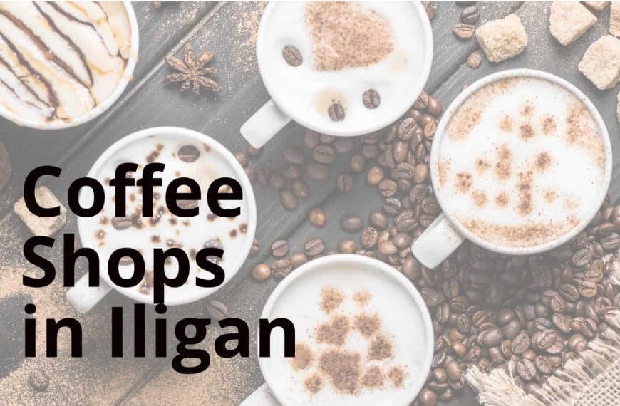 Top view of five mugs with latte art surrounded by coffee beans and sugar cubes, text reads Coffee Shops in Iligan City.