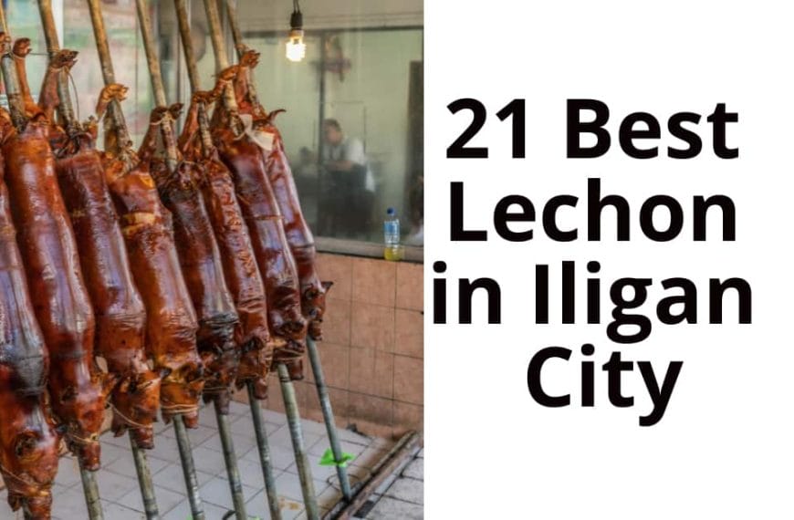 Rows of roasted lechon on poles beside text: Discover 21 Best Lechon in Iligan City.