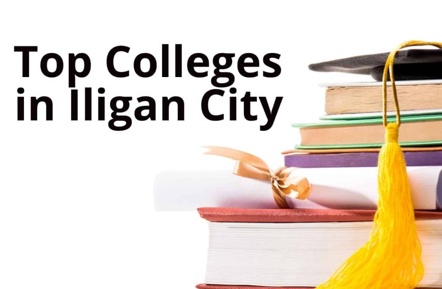 Top Colleges in Iligan City text with a stack of books, diploma, and graduation cap—a nod to Iligans educational pride.