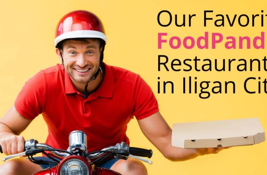 Smiling delivery rider in red holds pizza box on scooter in Iligan City, yellow background highlights FoodPanda.