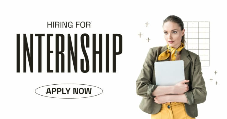 Woman with laptop beside text: Hiring for Internship in Iligan City. Apply Now. Geometric accents in background.