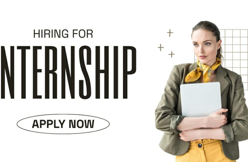 Woman with laptop beside text: Hiring for Internship in Iligan City. Apply Now. Geometric accents in background.