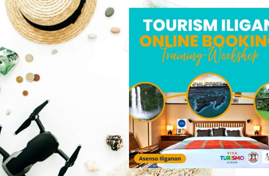 Travel collage with a beach hat, stones, drone, and Iligan City tourism images in a workshop banner.