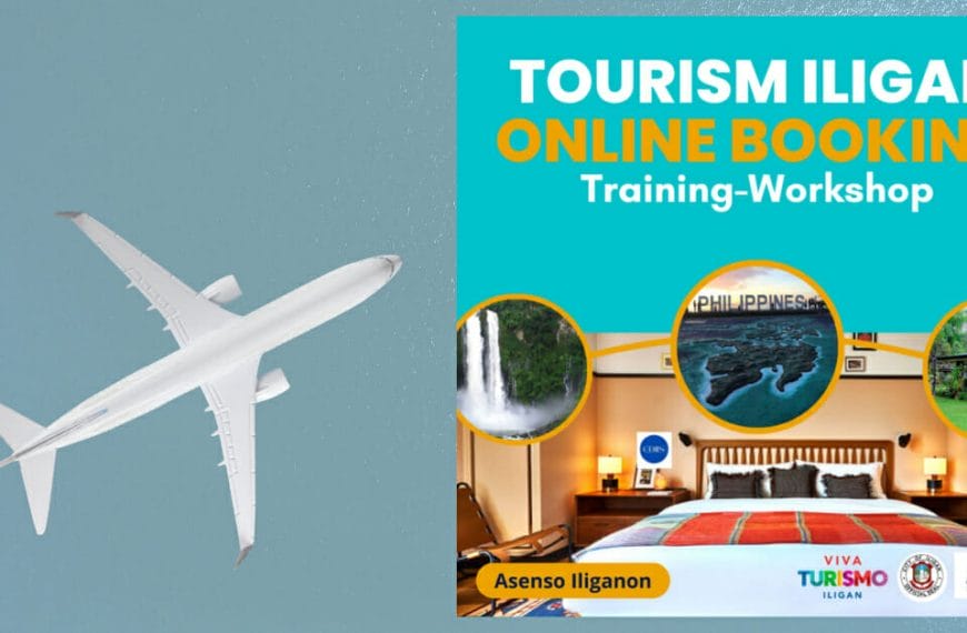 Airplane on teal background; Tourism Iligan City online booking workshop ad with waterfall, room, and houses.