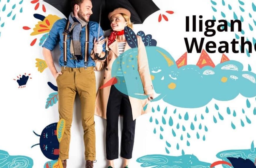 Couple smiling under umbrella against a colorful backdrop, text reads Iligan City Weather.