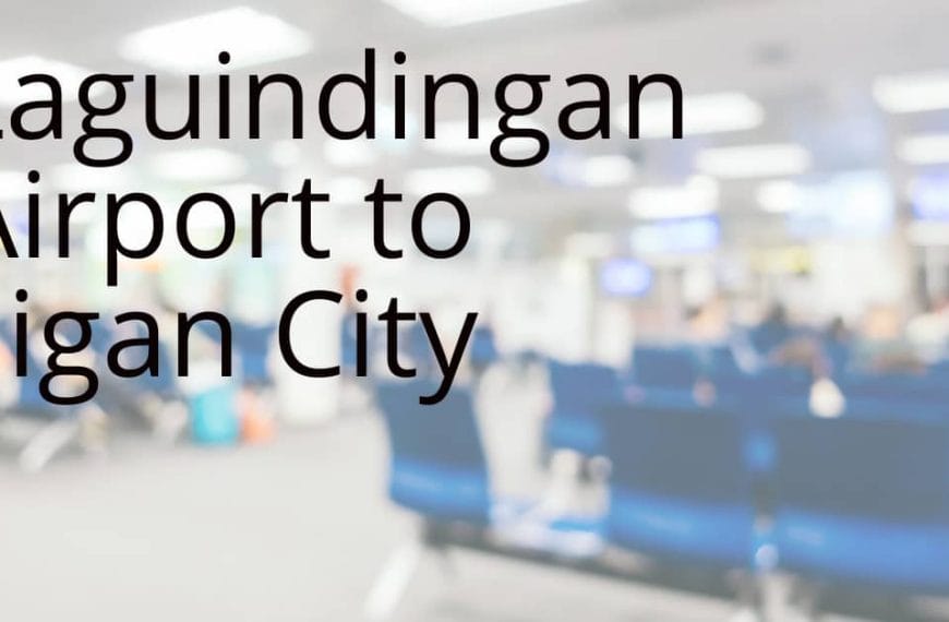 Blurry airport seating area with text: Laguindingan Airport to Iligan City. Visit the Iligan website for info.