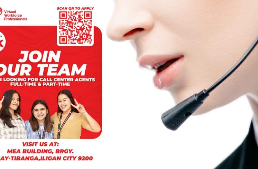 Close-up of a person with a headset, job ad for Iligan City call center agents with group photo, text, and QR code.