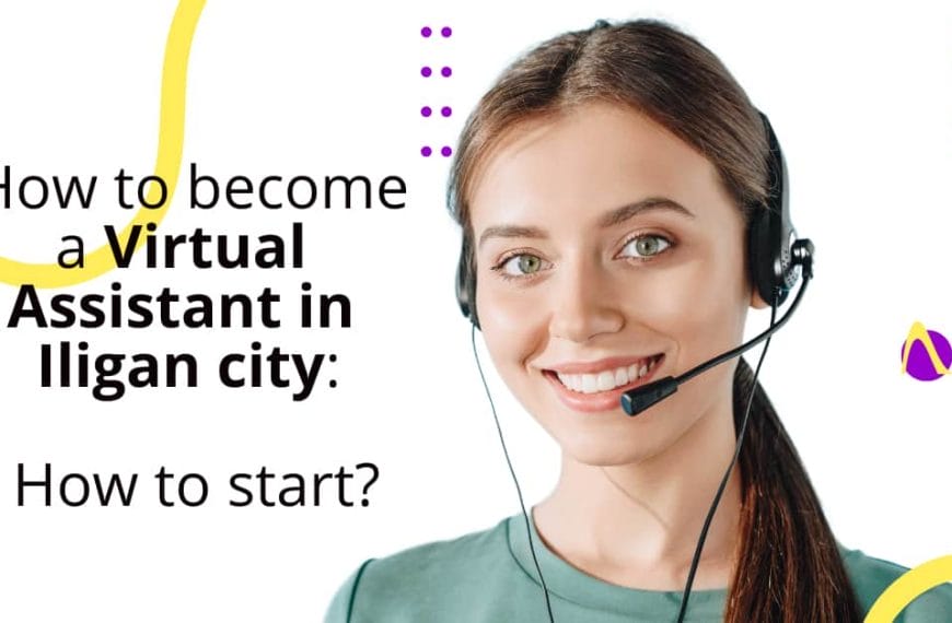 Smiling woman with a headset. Text: How to become a Virtual Assistant in Iligan City: Your start guide. Colorful design.