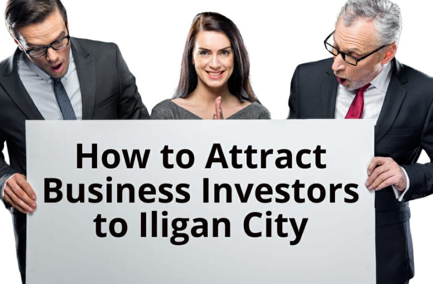 Three people excitedly hold a sign: How to Attract Business Investors to Iligan City for the Iligan website.