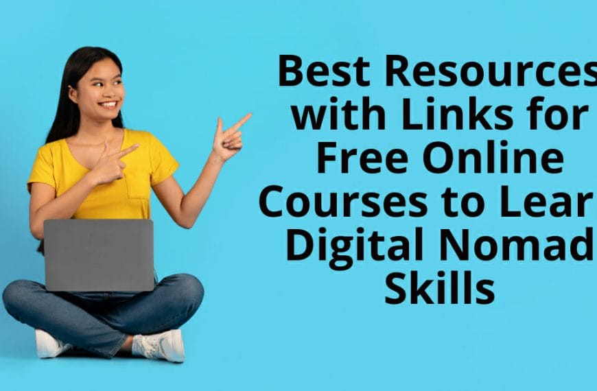 Smiling woman with a laptop on blue, pointing up: “Best Internet Links for Learning Digital Nomad Skills from Iligan.”.