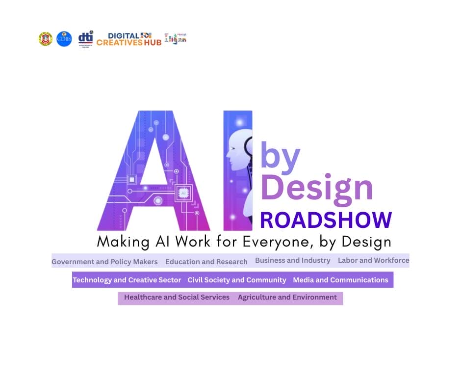 ai by design roadshow logo with tech icons and focus group discussions taglines in purple and blue on white
