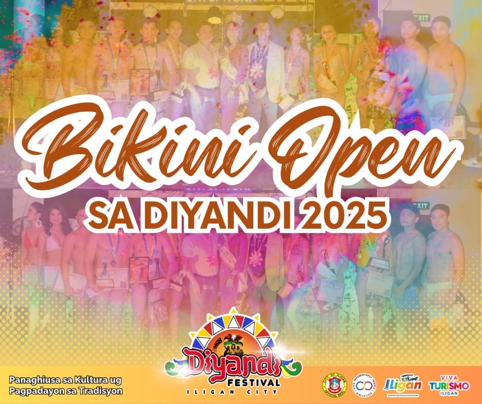 a colorful poster shows men and women in swimwear posing for the bikini open at diyandi 2025