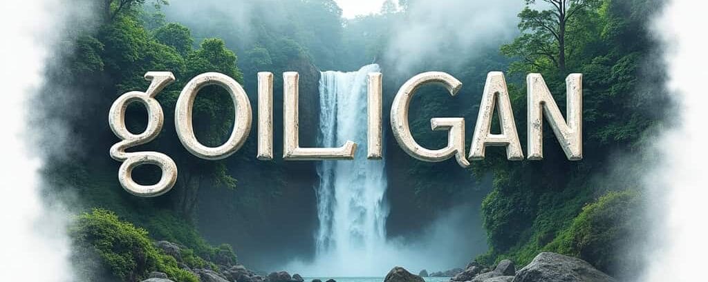 waterfall cascades through lush trees, “goiligan” in textured stone letters above a rocky river scene.