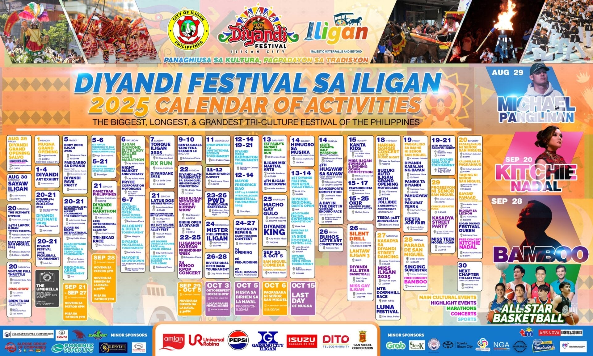 colorful 2025 diyandi festival calendar with event dates logos and photos of featured performers