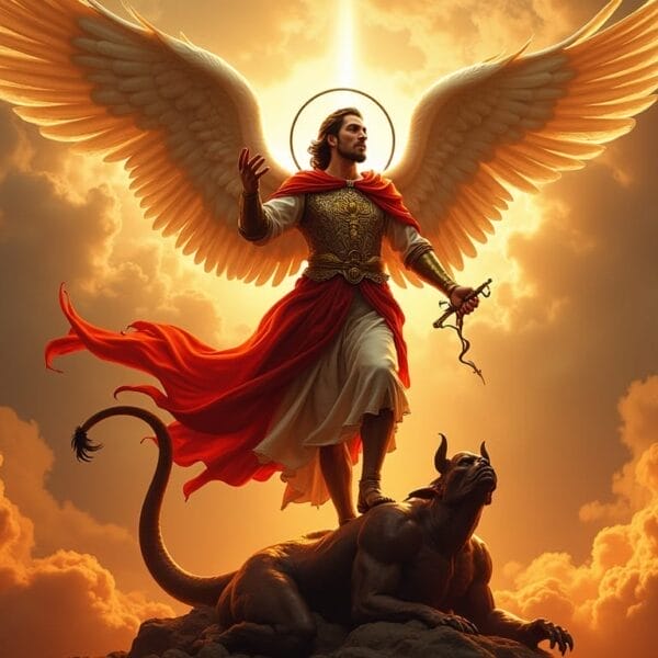 an armored angel with glowing wings stands over a beast, echoing the spirit of iligan fiesta 2025.