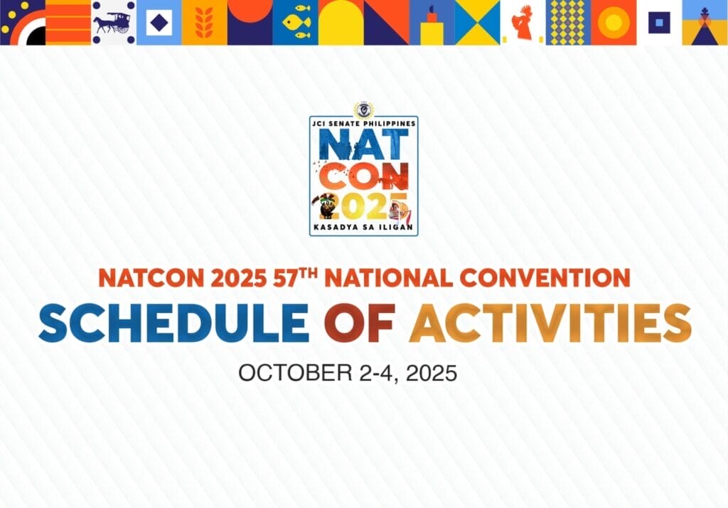 text graphic for natcon 2025 schedule, october 2 4, by jci senate philippines with colorful icons and geometric decor.