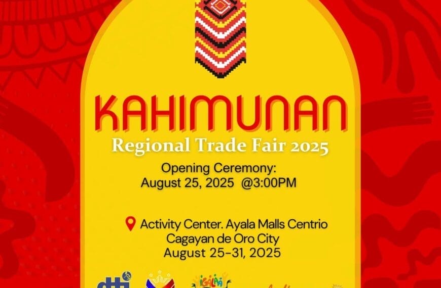 event poster for kahimunan regional trade fair 2025 with event details and tribal weave design on red background.