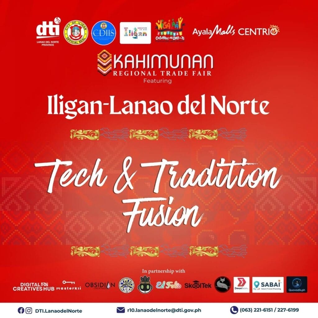 red poster for iligan lanao del norte trade fair, “tech & tradition fusion,” with logos and event details.