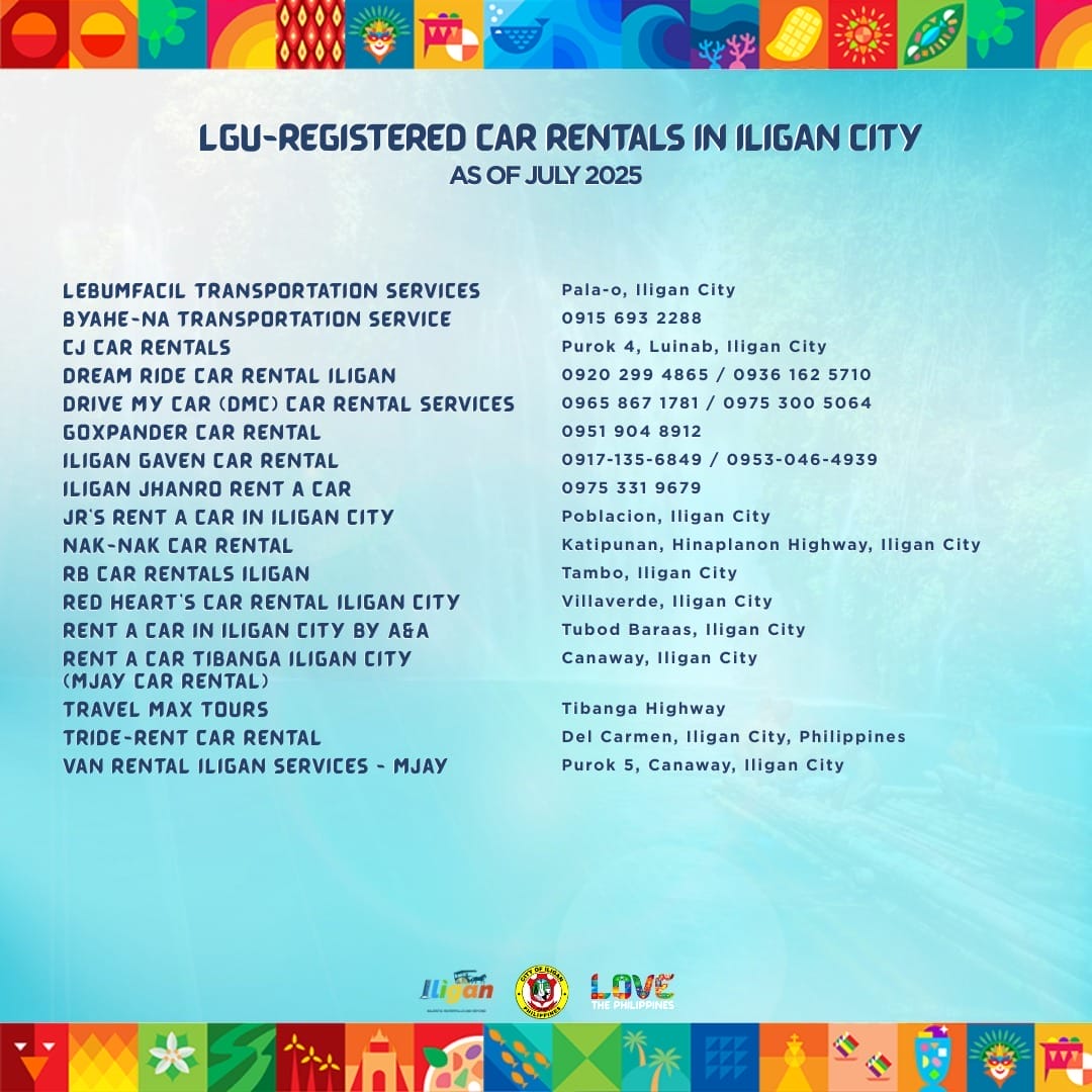 colorful list of iligan car rentals with names numbers and addresses july 2025