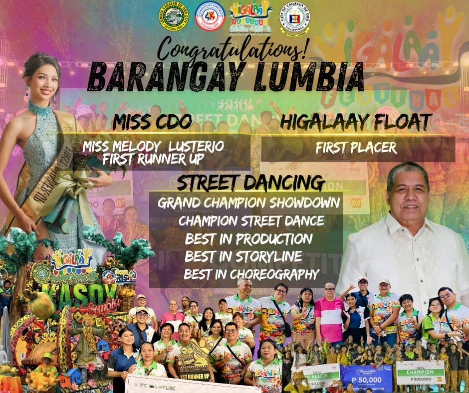 barangay lumbia wins 2025 higalaay street dancing competition group and winners celebrate with trophies