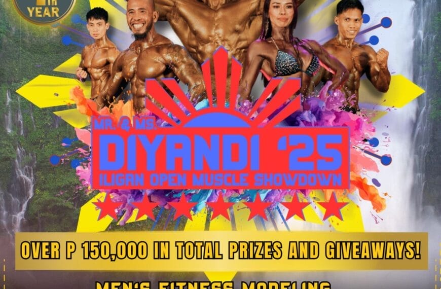 a group of male and female bodybuilders pose onstage with event prizes and details in bold, colorful text.
