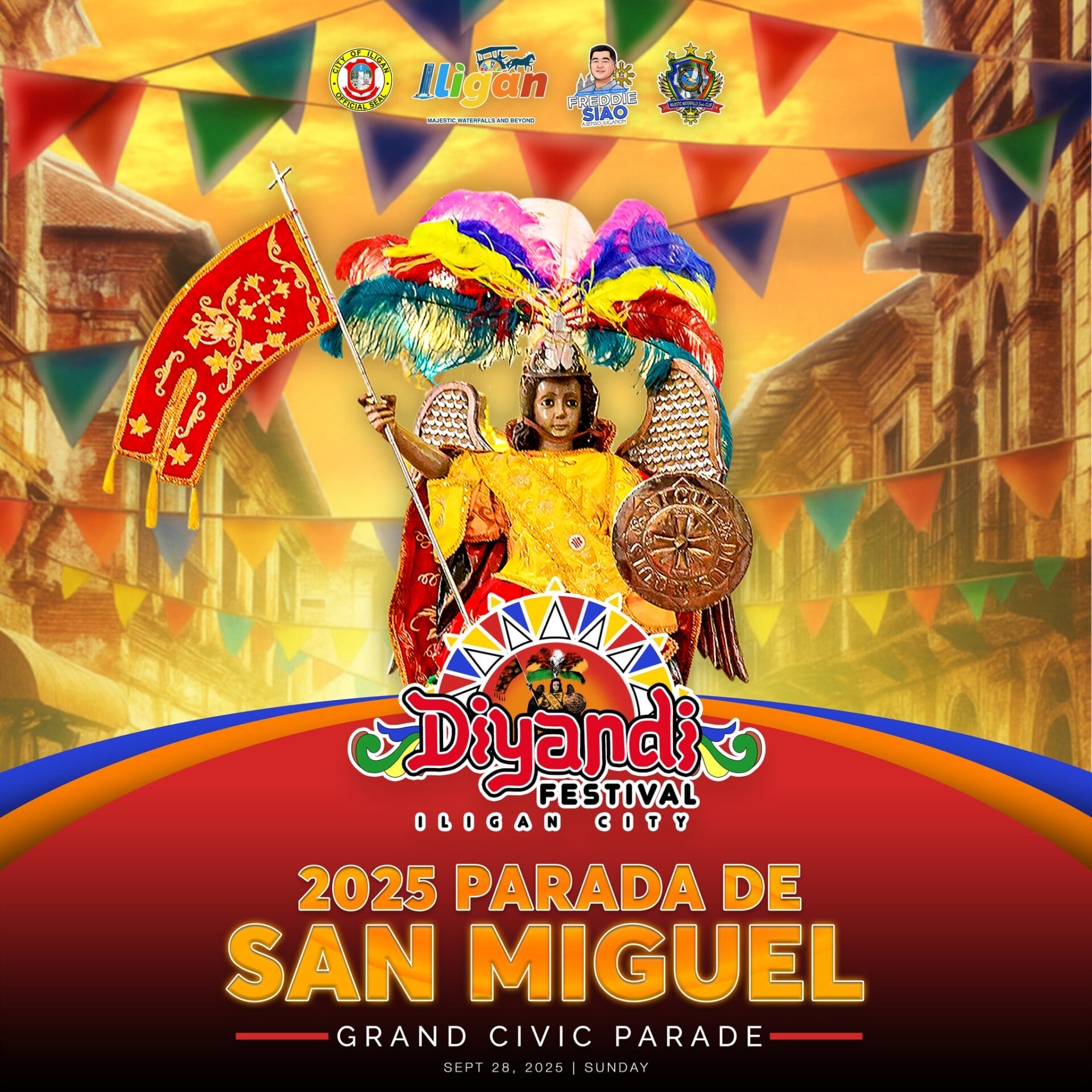 a child in a colorful santo niño costume poses with banners and festival decor for iligan citys diyandi festival.