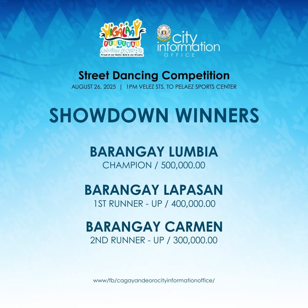 announcement graphic listing 2025 higalaay street dancing competition winners with prize amounts and event details