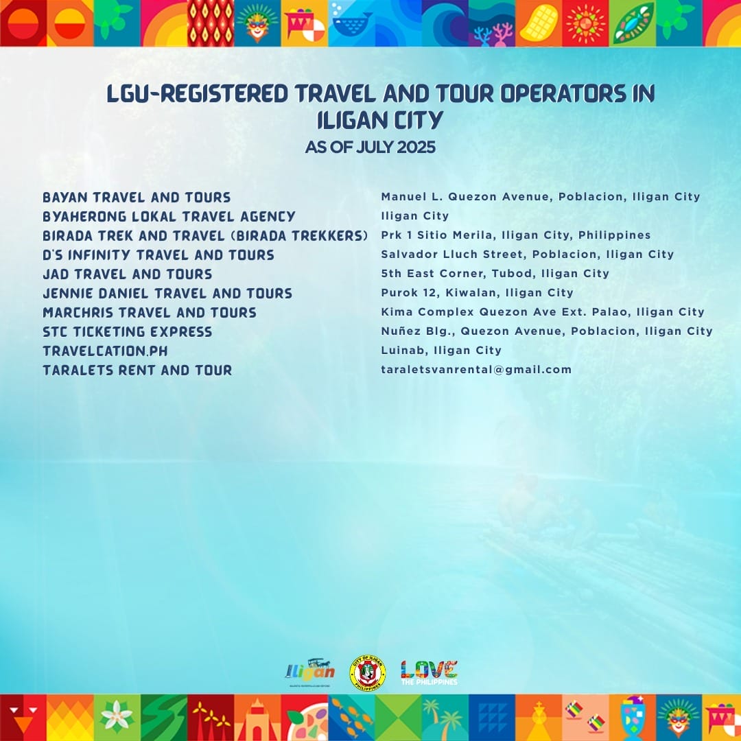 list of iligan citys lgu registered travel and tour operators with addresses on a blue gradient background