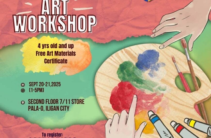 art workshop flyer with paint palette, brushes, and event details at fuerte art gallery in iligan city for kids 4+.