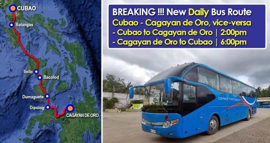 map of a new cubao–cagayan de oro bus route beside a blue bus and schedule details on the right.