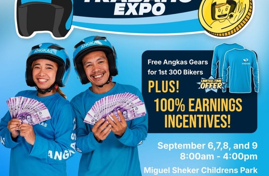 two smiling angkas iligan riders hold cash in blue uniforms. event details and earnings incentives are shown.