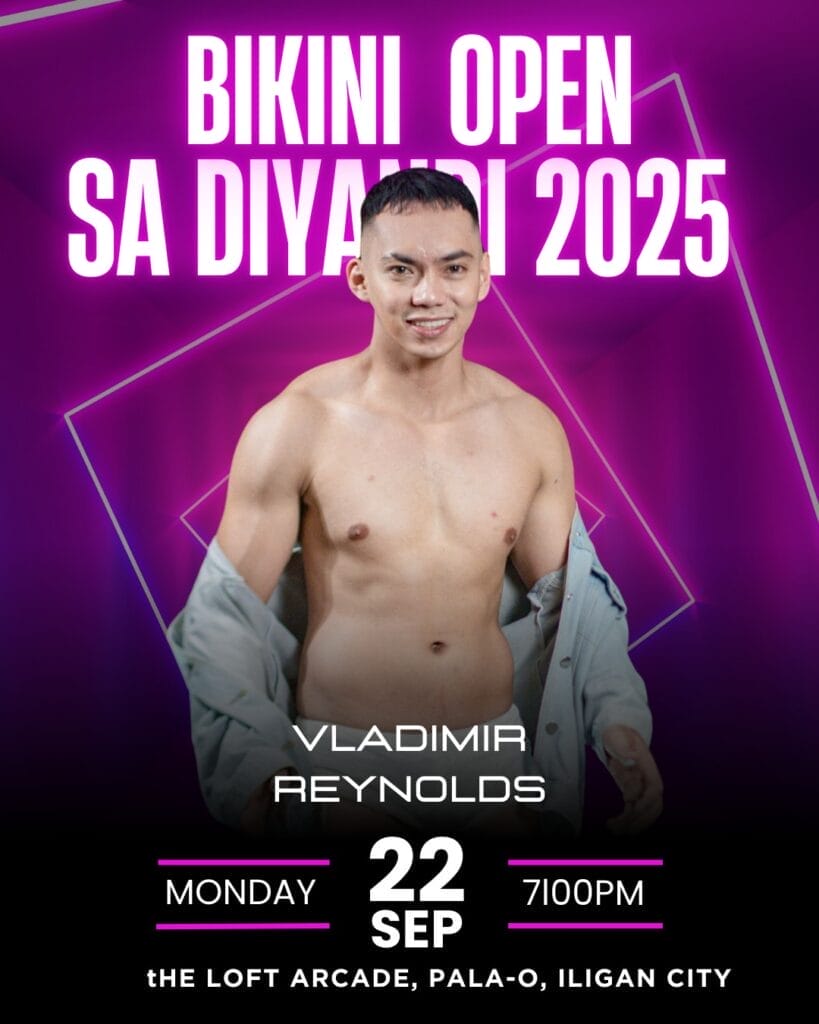 a smiling man in an open shirt stands before iligan city’s bikini open diyandi 2025 details on a purple background.