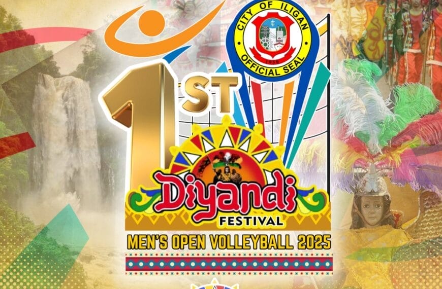 colorful poster for diyandi festival’s 1st men’s volleyball 2025, with festive masks and volleyball graphics.
