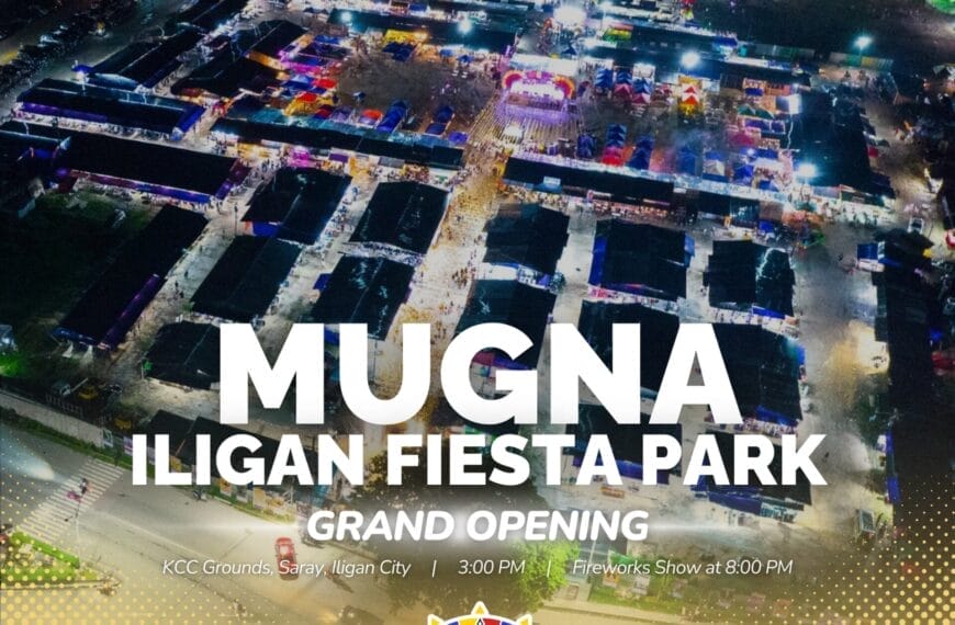 aerial night view of iligan fiesta park aglow, spotlighting the celebration of the diyandi festival.