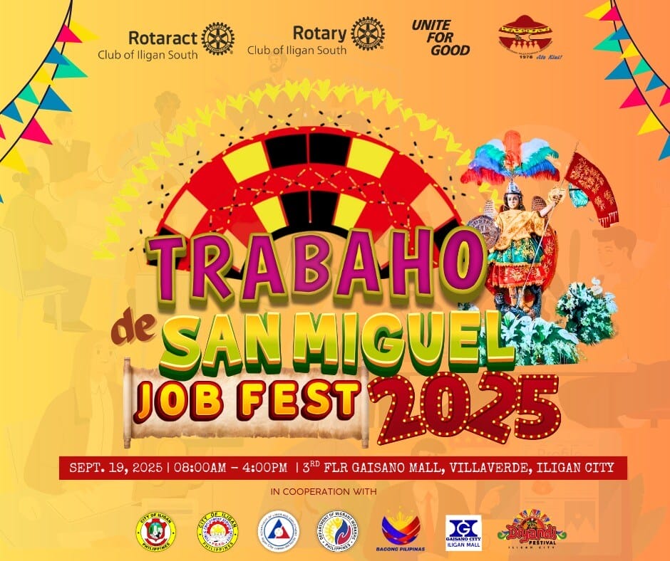 colorful fiesta job fair poster with dancers and bold &ldquo;trabaho de san miguel job fest 2025&rdquo; text in iligan.