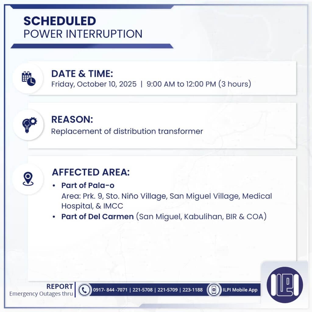 notice of power interruptions by iligan electrical service on october 10, 2025. see affected areas and contact info.