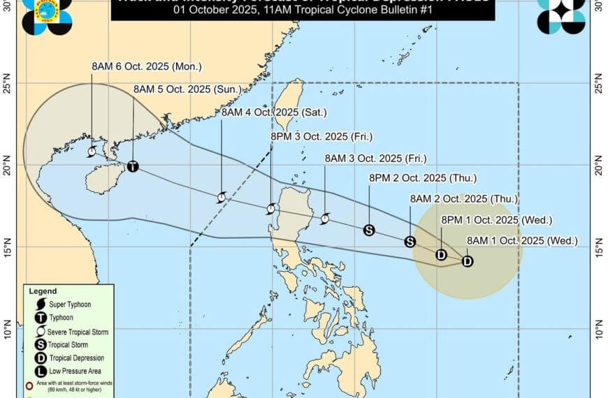 pagasa forecast map of tropical depression paolo’s path over the philippines, october 1–5, 2025. stay alert.