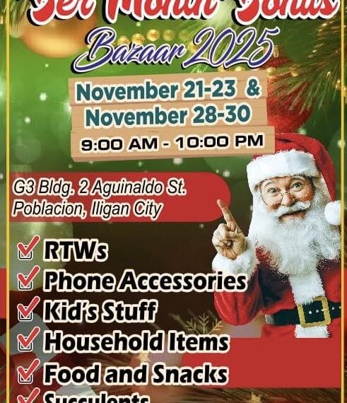 festive ber month bonus bazaar poster in iligan with santa, event dates, and a holiday rush checklist on green.