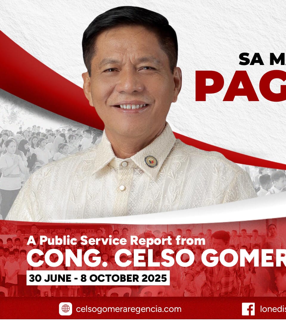 smiling man in a beige barong tagalog with public service report details and red, white, and gray background.