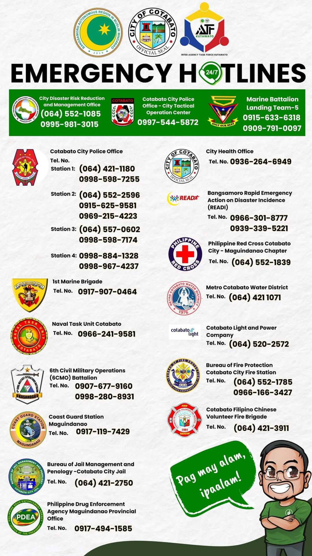 a poster lists cotabato citys official emergency hotlines with various agency logos and cartoon figures.