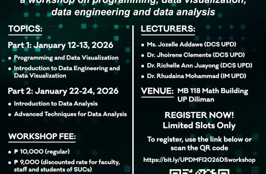 poster for a data science workshop with dates, topics, fees, qr code, and organizer contact info.