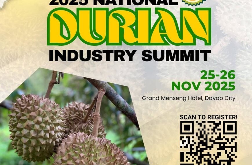 poster for the 2025 national durian industry summit with durians, dates, location, and a qr code for registration.