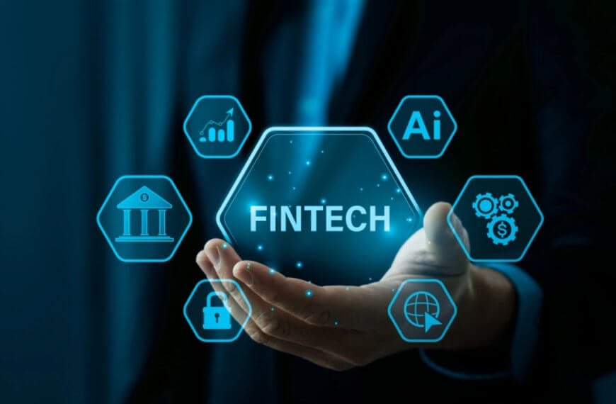 a person holding a glowing fintech hexagon, surrounded by digital finance and banking icons.