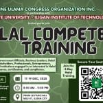 halal competency training event poster with certification details, date, venue, governance info, and islamic patterns.