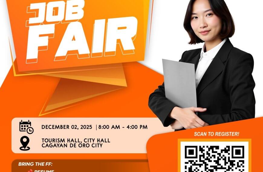 professional woman holds a folder beside a job fair banner, with event and registration info displayed.