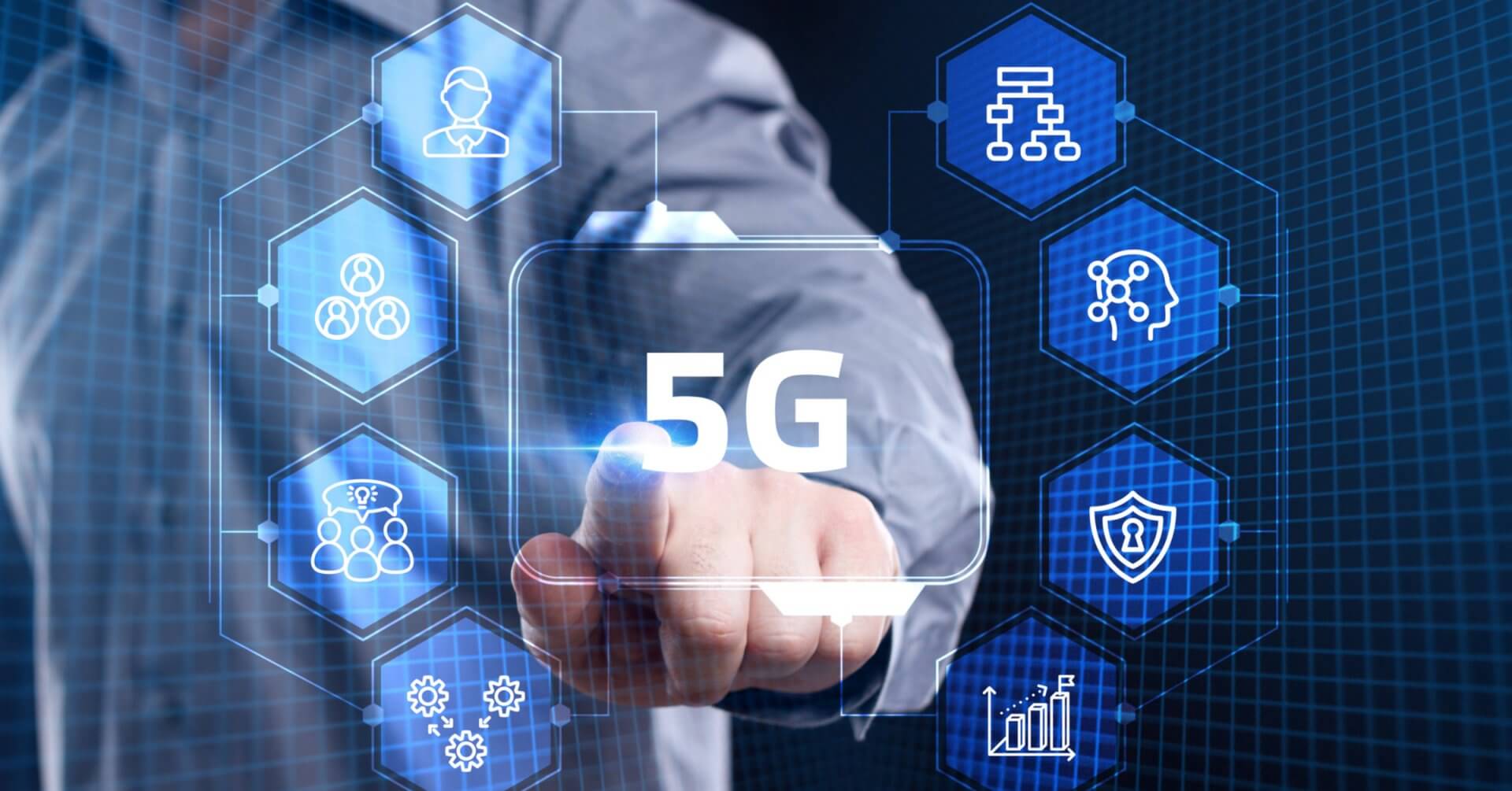 a person presses a virtual 5g internet iligan button on a digital screen with technology icons surrounding it