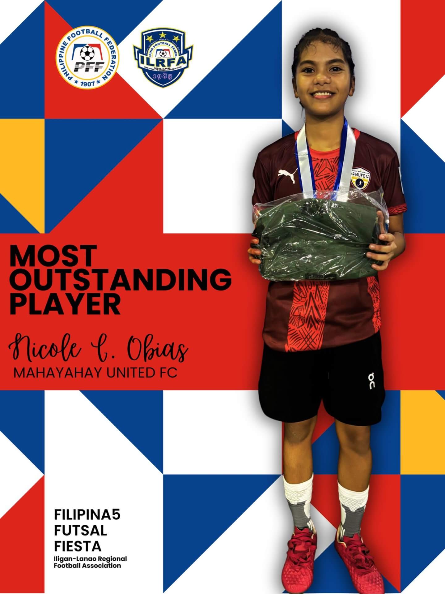 young girl in maroon soccer kit smiles, holding a medal and prize; text reads most outstanding player.